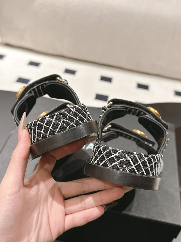 cc 25p dad mule sandal black white tweed 237576