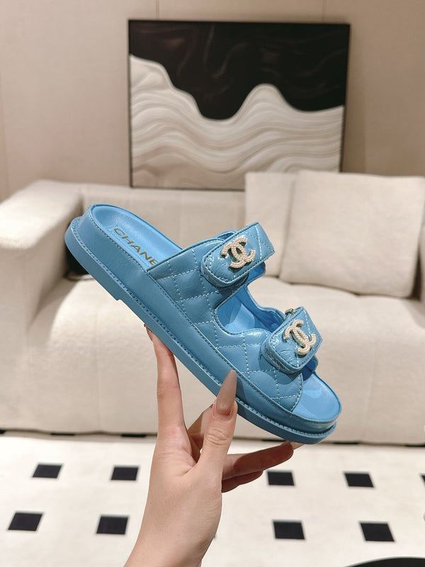 cc 25p logo with pearl mule sandal blue leather 237583