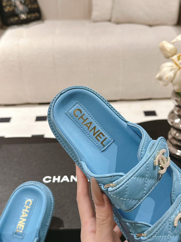 cc 25p logo with pearl mule sandal blue leather 237583