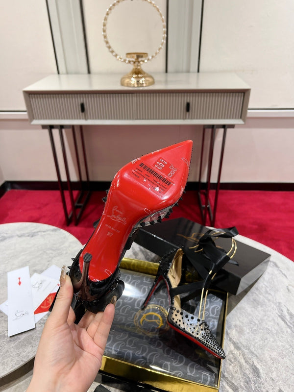 CL Evil Queen Pumps 100mm Spike Patent PVC Nero