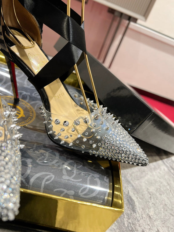 CL Mechante Reine Pumps 100mm Spike Fabric PVC Black