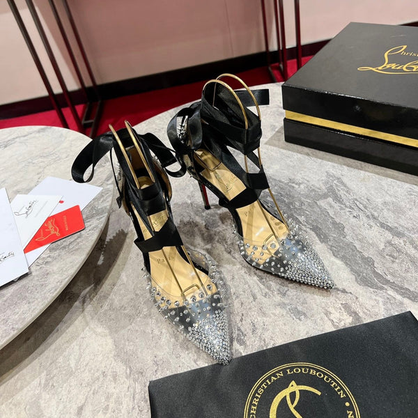 CL Mechante Reine Pumps 100mm Spike Fabric PVC Black