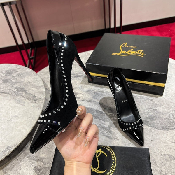 CL Women Pumps Crystals Embellished Patent And Sued Leather Black