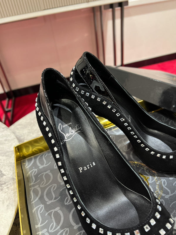 CL Women Pumps Crystals Embellished Patent And Sued Leather Black