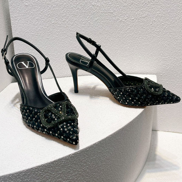 VT High Heeled Slingbacks Black Sheepskin 292799