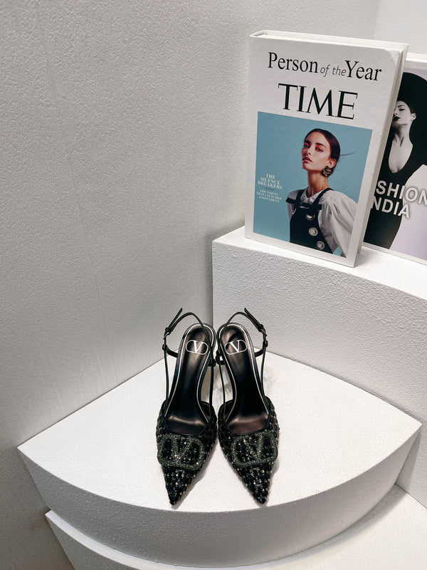 VT Slingback con tacco alto in pelle di pecora nera 292799