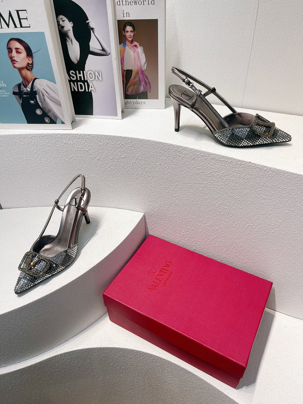 VT High Heeled Slingbacks Gray Sheepskin 292815