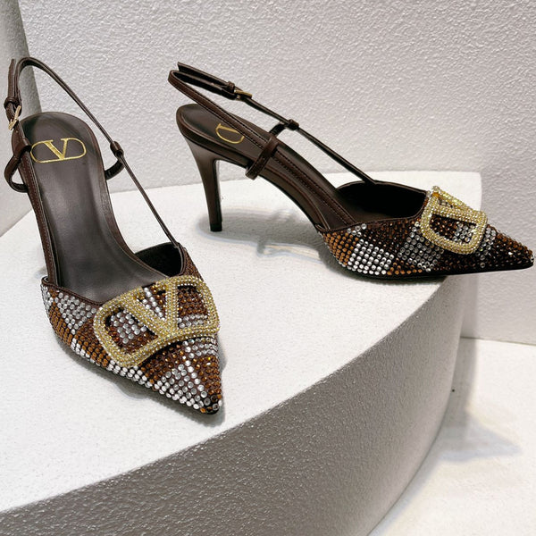 VT High Heeled Slingbacks Brown Chocolate Sheepskin 292826