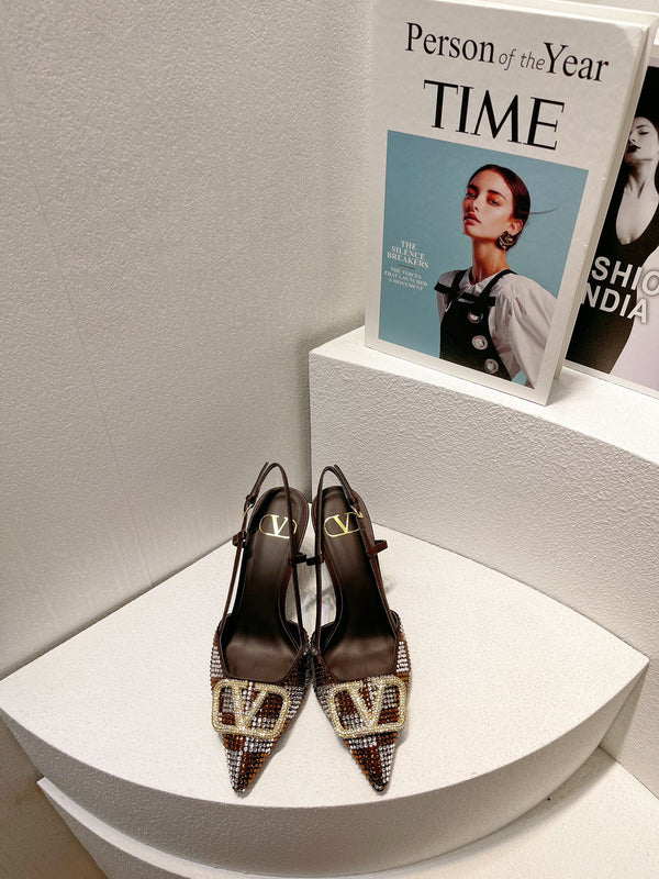 VT High Heeled Slingbacks Brown Chocolate Sheepskin 292826