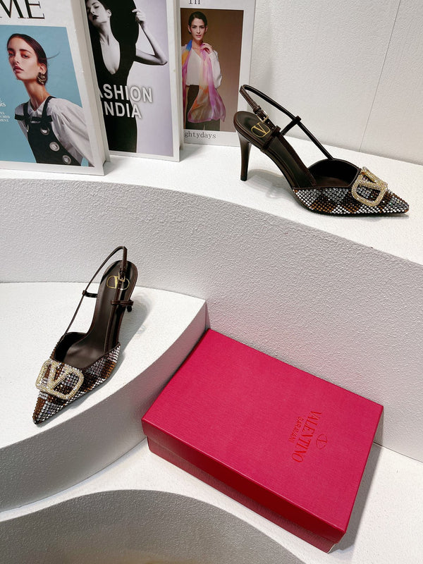 VT High Heeled Slingbacks Brown Chocolate Sheepskin 292826