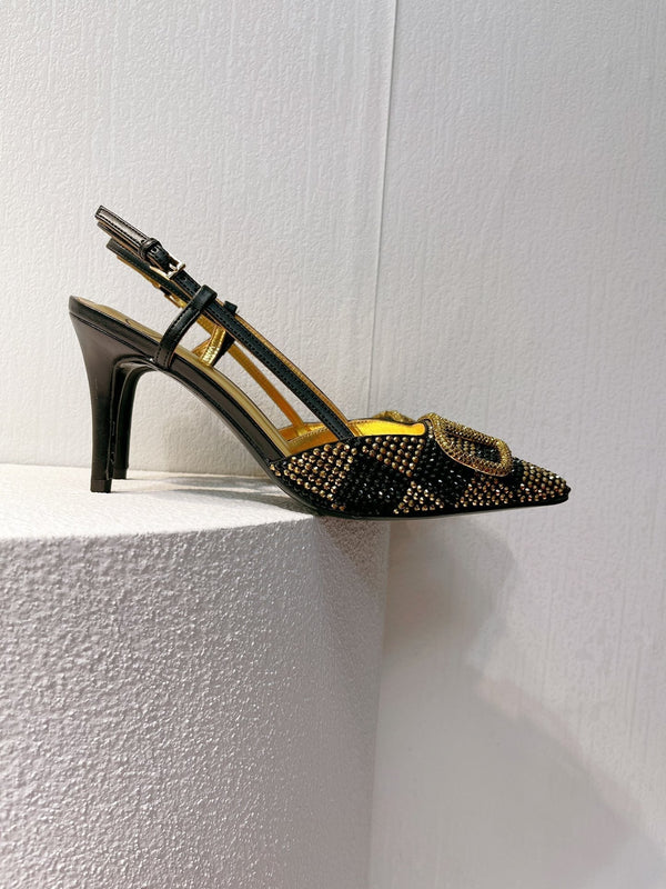 VT High Heeled Slingbacks Black Gold Sheepskin 292827
