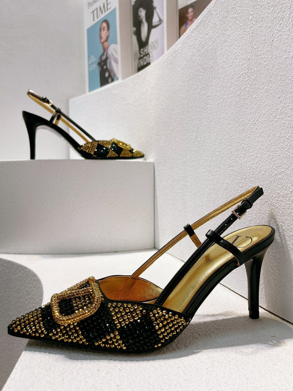 VT High Heeled Slingbacks Black Gold Sheepskin 292827