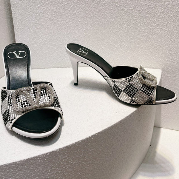 VT High Heeled Sandals Black White Sheepskin 292832