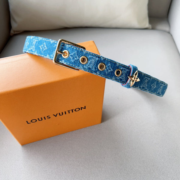 LV FLOWERGRAM ARDILLON 30MM BELT LIGHT BLUE MONOGRAM DENIM GOLD HARDWARE