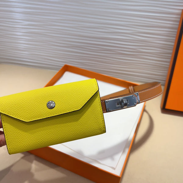 HM KELLY LEMON YELLOW POCKET 18MM BELT CINNAMON BROWN LEATHER SILVER HARDWARE