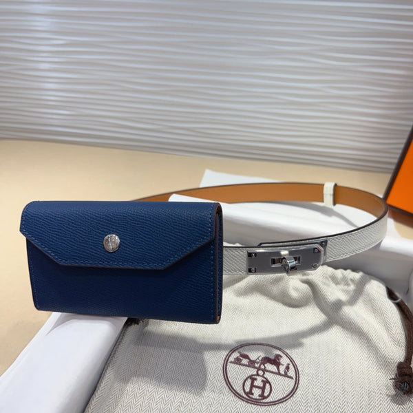 HM KELLY NAVY BLUE POCKET 18MM BELT WHITE LEATHER SILVER HARDWARE