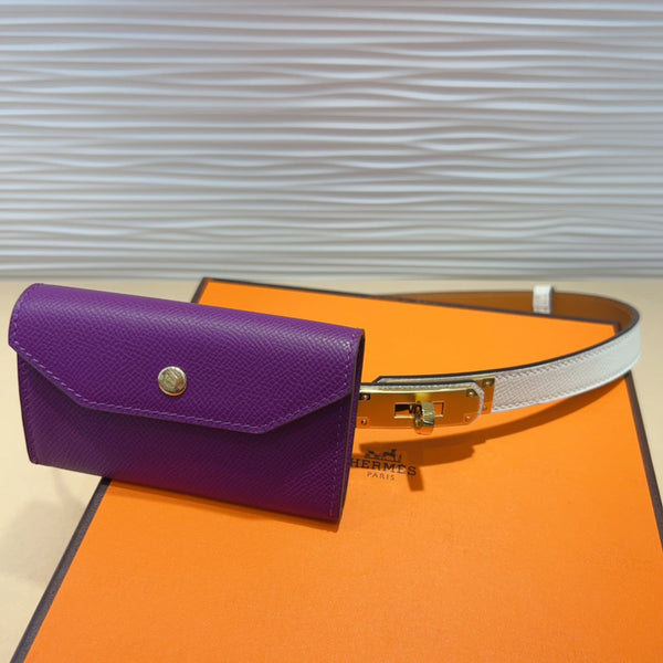 HM KELLY VIOLET PURPLE POCKET 18MM BELT WHITE LEATHER GOLD HARDWARE