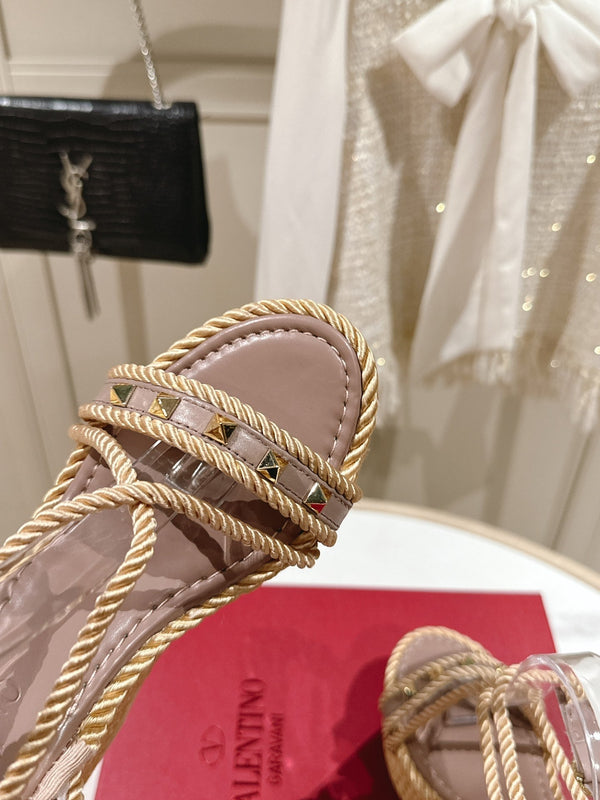 Rockstud Flatform Sandal 10mm In Beige Mix Rosy Brown Calfskin And Nylon Rope 829394