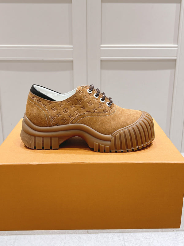LV Ruby Flat Derby Sneaker Brown Embossed Suede 480789