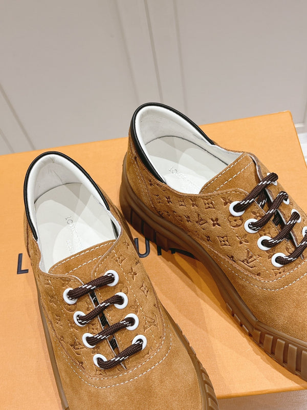 LV Ruby Flat Derby Sneaker Brown Embossed Suede 480789