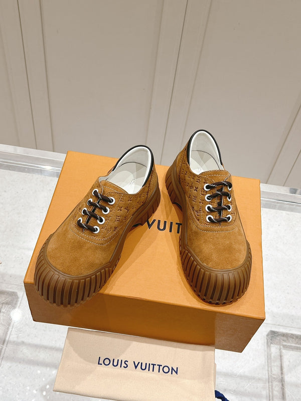 LV Ruby Flat Derby Sneaker Brown Embossed Suede 480789