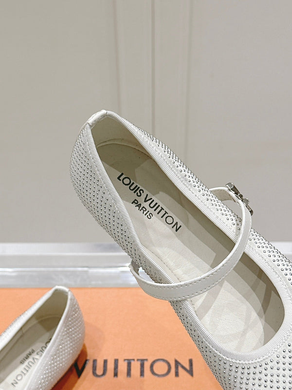 LV SS25 Romy Flat Ballerina Rivets White Sheepskin