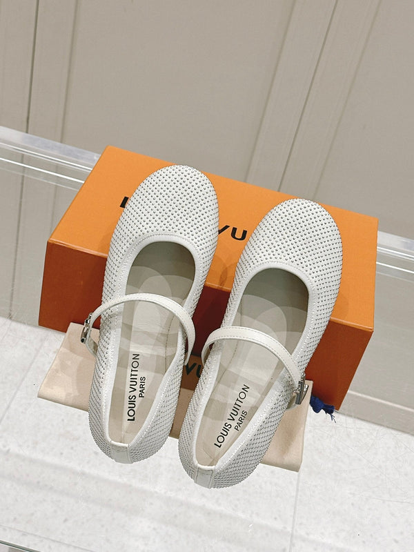 LV SS25 Romy Flat Ballerina Rivets White Sheepskin