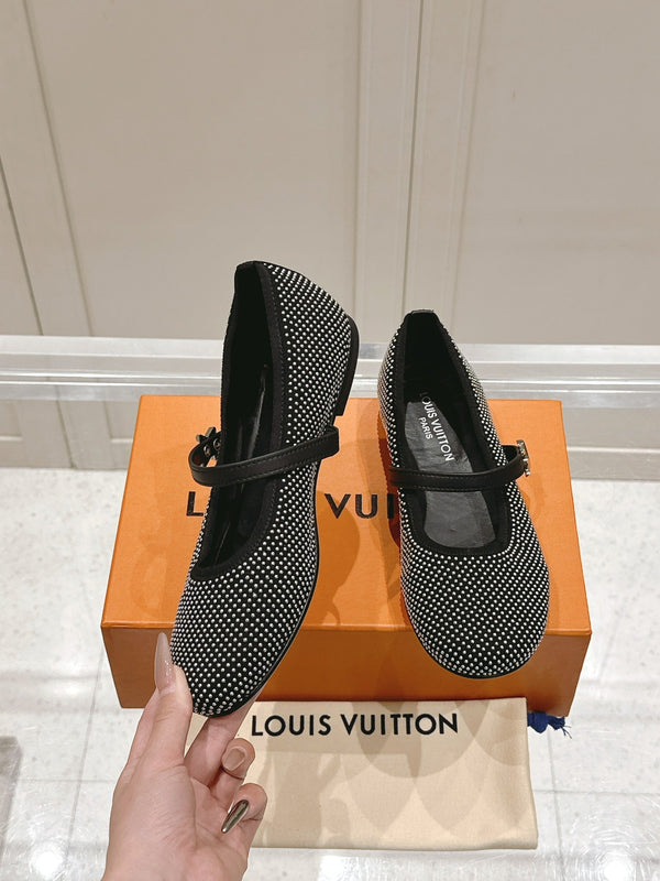 LV SS25 Romy Flat Ballerina Rivets Black Sheepskin