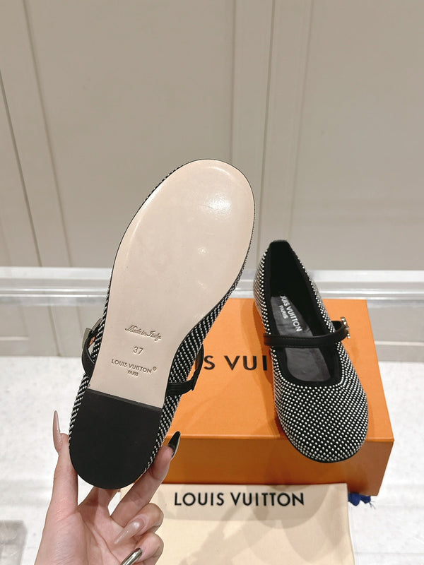 LV SS25 Romy Flat Ballerina Rivets Black Sheepskin
