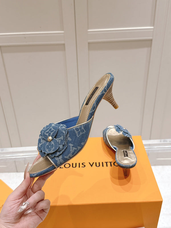 LV Floral Embroidered High Heels Blue Monogram Denim 480506