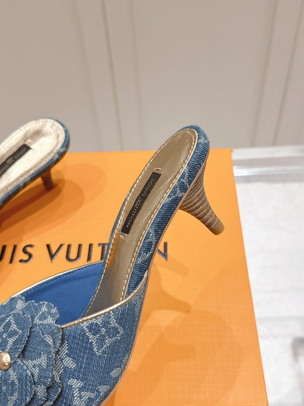 LV Floral Embroidered High Heels Blue Monogram Denim 480506
