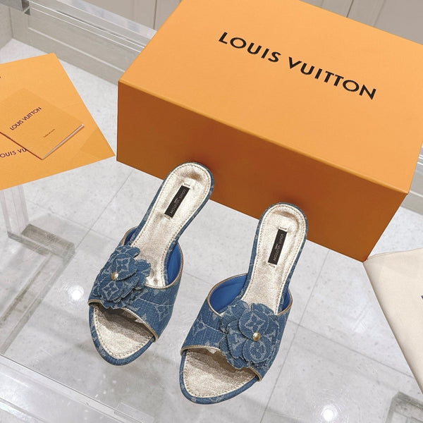LV Floral Embroidered High Heels Blue Monogram Denim 480506