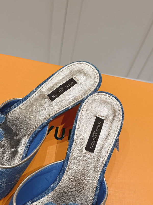 LV Floral Embroidered High Heels Blue Monogram Denim 480506