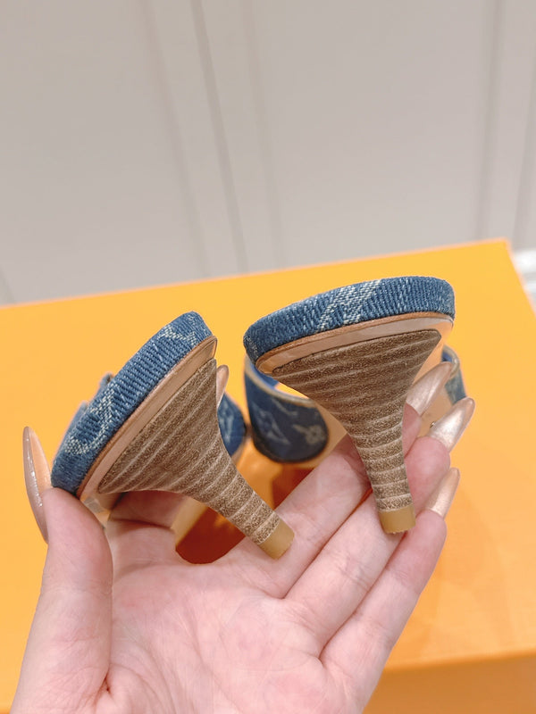 LV Floral Embroidered High Heels Blue Monogram Denim 480506