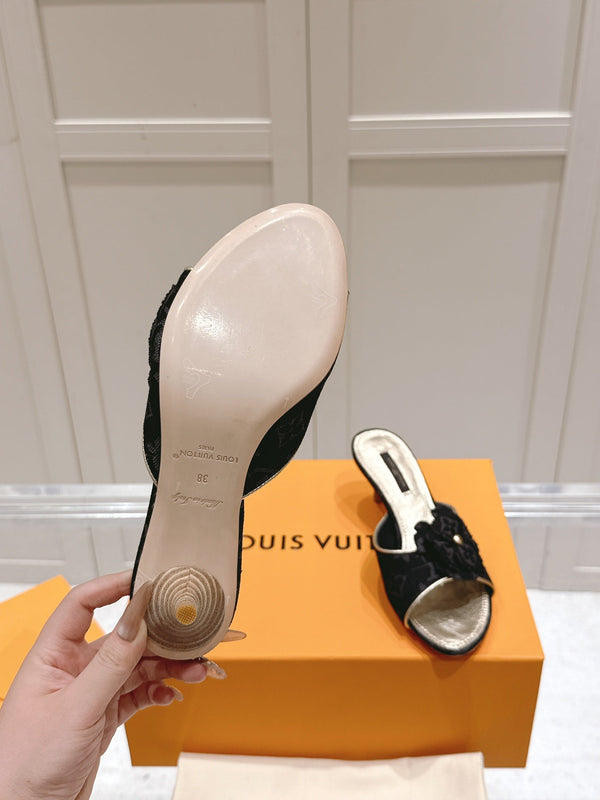 LV Floral Embroidered High Heels Black Monogram Denim 480507