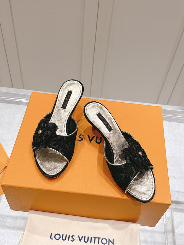 LV Floral Embroidered High Heels Black Monogram Denim 480507