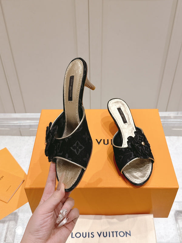 LV Floral Embroidered High Heels Black Monogram Denim 480507