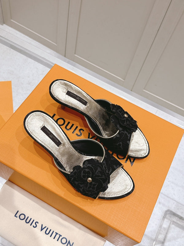 LV Floral Embroidered High Heels Black Monogram Denim 480507