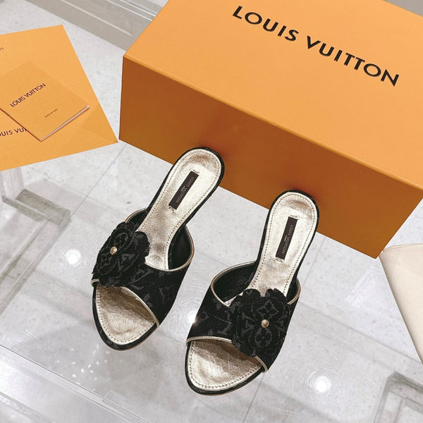 LV Floral Embroidered High Heels Black Monogram Denim 480507