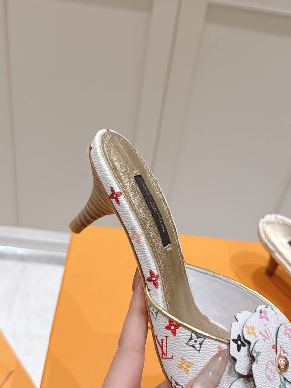 LV Floral Embroidered High Heels White with Monogram Multicolor Leather 480508