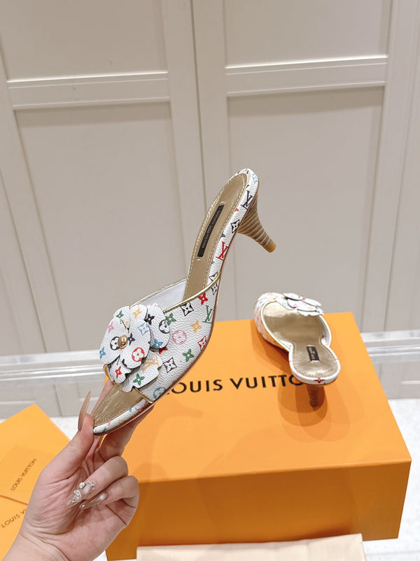 LV Floral Embroidered High Heels White with Monogram Multicolor Leather 480508