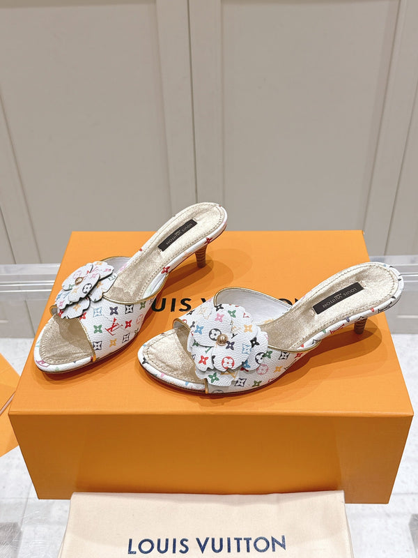 LV Floral Embroidered High Heels White with Monogram Multicolor Leather 480508