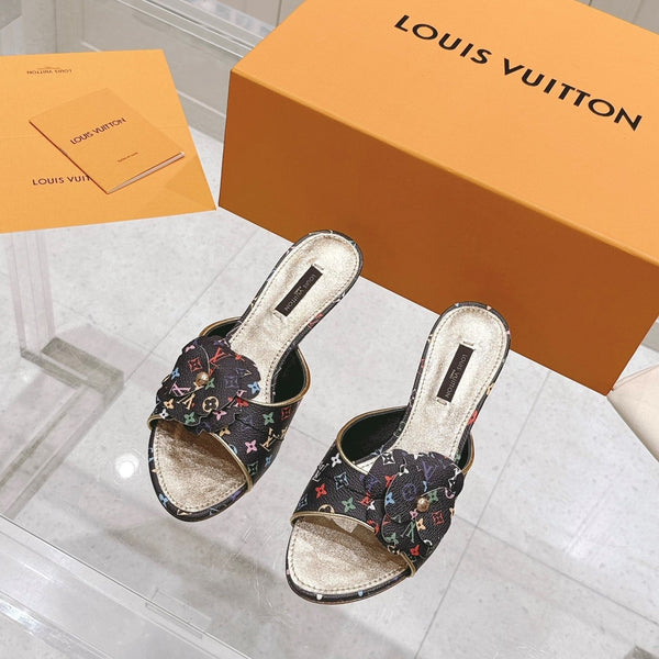 LV Floral Embroidered High Heels Black with Monogram Multicolor Leather 480509