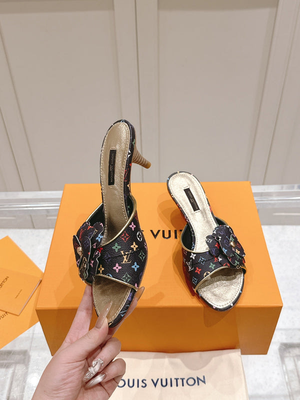 LV Floral Embroidered High Heels Black with Monogram Multicolor Leather 480509