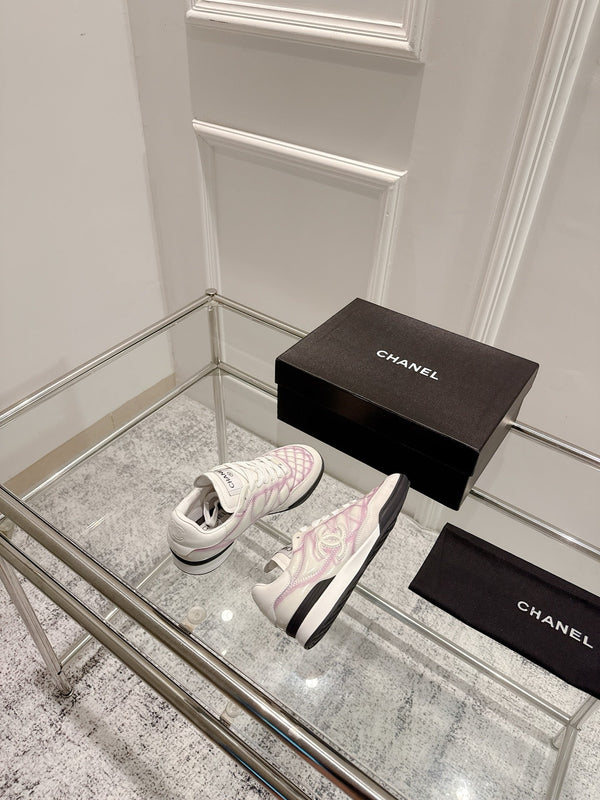 Chanel 25A Sports Shoes White Black Mix Pink Sheepskin 393113