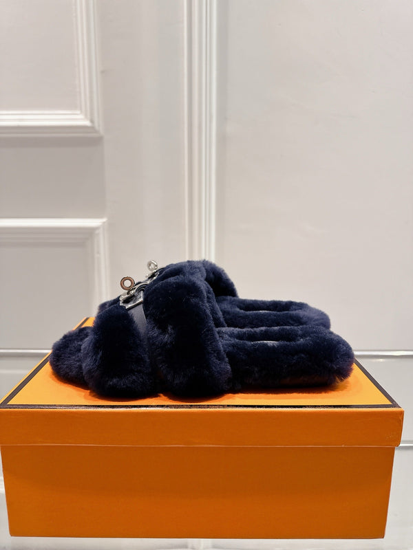 HM Oran slippers sliver buckle navy blue wool