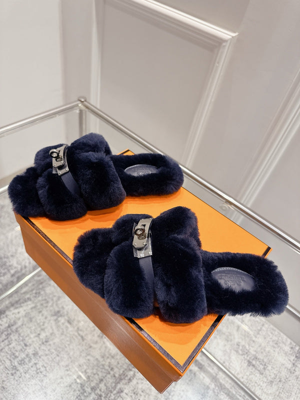 HM Oran slippers sliver buckle navy blue wool