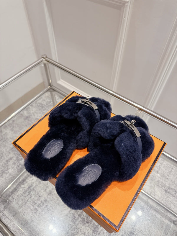 HM Oran slippers sliver buckle navy blue wool