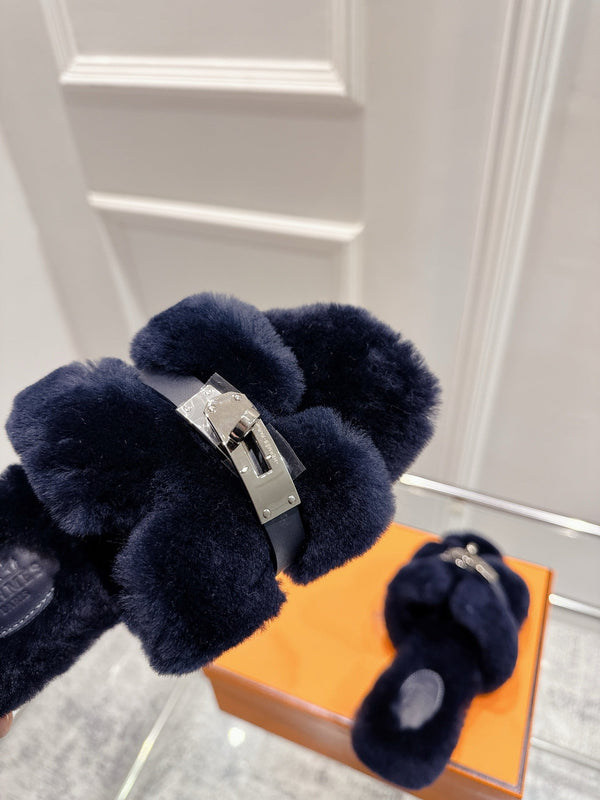 HM Oran slippers sliver buckle navy blue wool