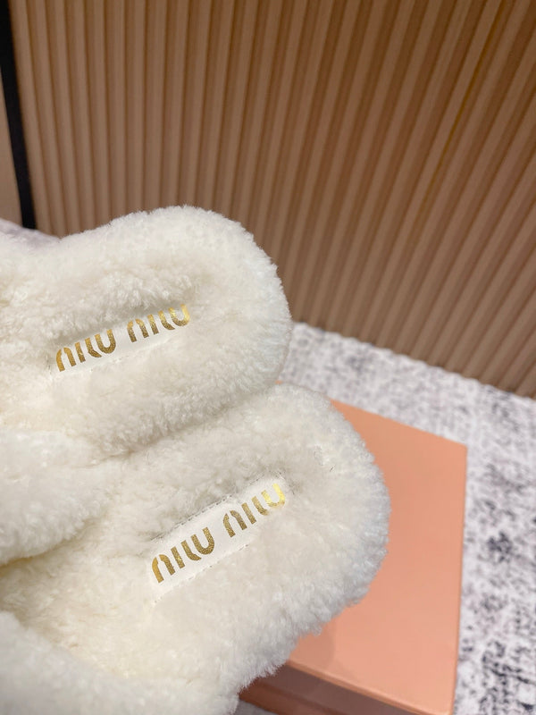 Miu Shearling-Lined Cow-Print Mules Horsehair 481434